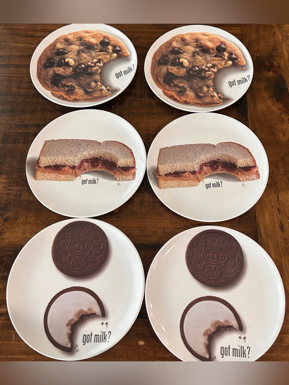 Set of 6 Got Milk? Oreo, Chocolate Chip, & PB&J—8 “ Plates Cookie Cookies